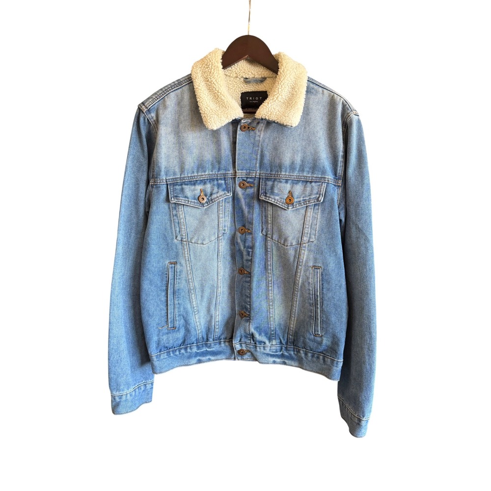 TRIOT‎ Los Angeles Mens Light Wash Sherpa Lined Denim Trucker Jacket Medium